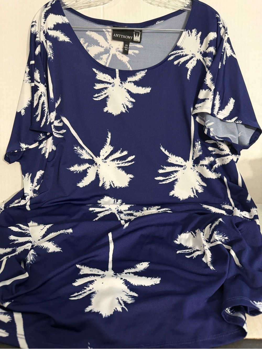 Antthony Navy Blue and White Palm-Print Scoop Neck Blouse